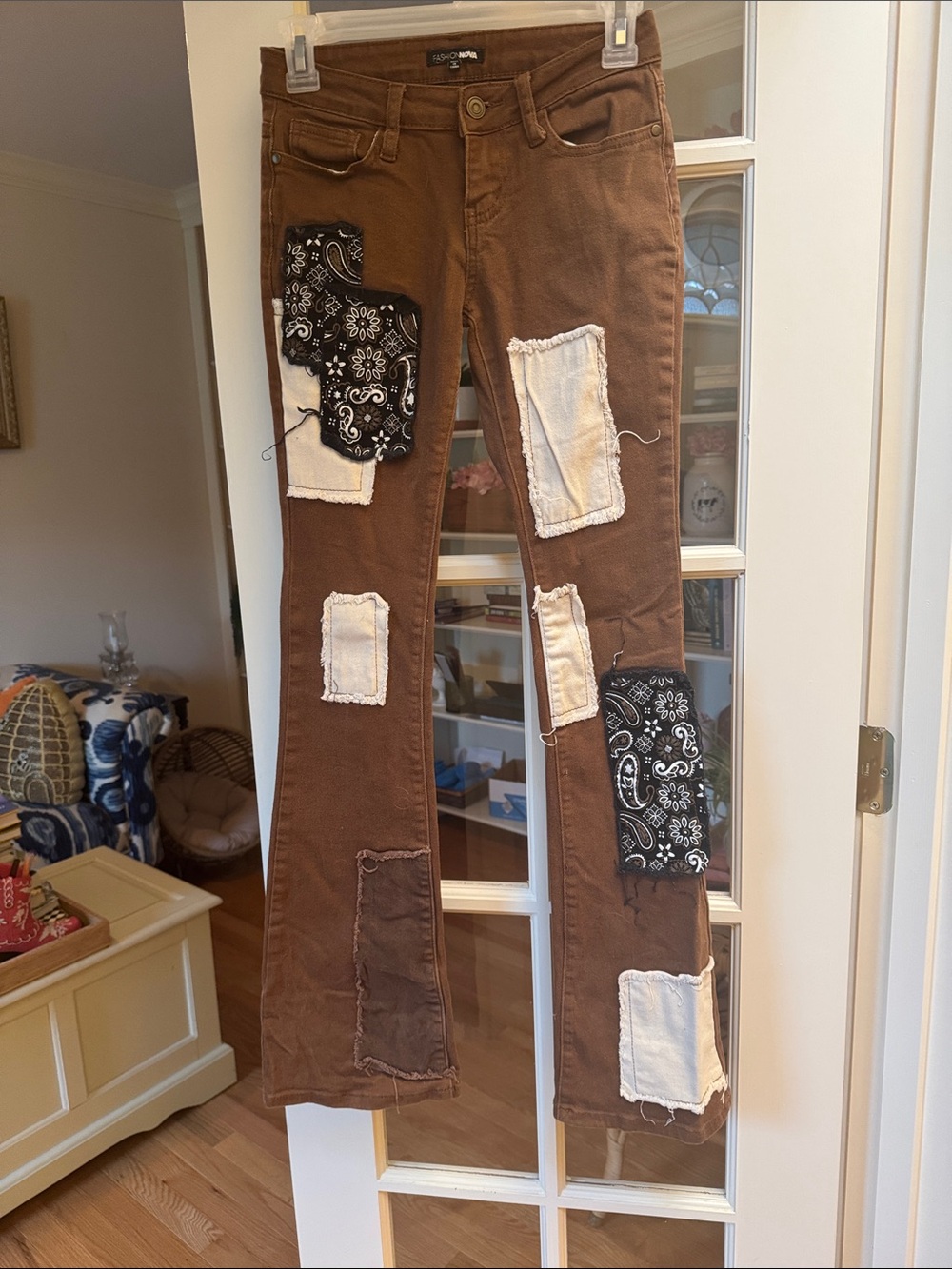 Brown Patchwork Flared Jeans with Bandana Accents